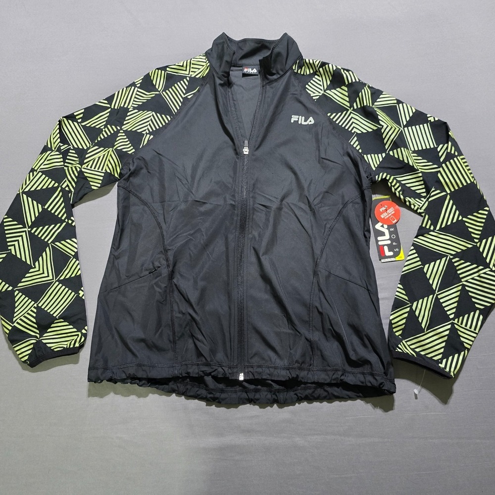 Fila Sport Running Jacket Womens Medium Black Neon Lime Geometric Full Zip NWT
